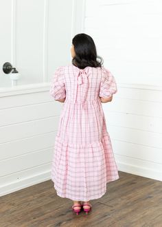 Pink Plaid Bow Dress – Le Blush Bow Pink And White Striped Dress, Missionary Dresses, Mission Outfits, Mission Fits, Back Bow Dress, Church Fits, Purple Floral Dress, Plaid Bow, Bow Dress