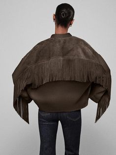 Fall Leather Outerwear With Fringe, Leather Fringe Outerwear For Fall, Winter Leather Tassel Outerwear, Winter Leather Outerwear With Tassels, Fall Leather Tassel Outerwear, Leather Tassel Outerwear For Fall, Brown Tasseled Outerwear For Fall, Brown Tassel Outerwear For Fall, Brown Fall Outerwear With Suede Overlays