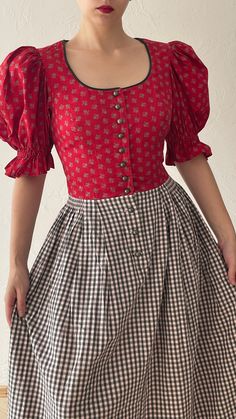 Vintage dress with puff sleeves | Retro Style | Austrian dirndl | Bavarian Tirol dress | size M Gorgeous Austrian dress, true vintage Tag Size: 40  Perfect fit for M Material: 100% cotton Measurements (laying flat): Shoulders: 36 cm / 14,1" Armpit to armpit: 45 cm / 17,2" Waist: 36 cm / 14,1" Length: 132 cm / 51,3" Good vintage condition (4/5) ★A small boutique with unique and niche styles. All items select with love and passion. I hope you'll enjoy the collection. ★ Vintage clothes may come with minor flaws due to pre-loved wear. But most importantly it is a one-of-a-kind piece with its own character. ★Please use low-temperature water and natural laundry detergent for washing your vintage garments. Don't bleach nor tumble dry. ♥Thanks for visiting!♥ Dress With Puff Sleeves, Checkered Dress, Small Boutique, Retro Mode, Vintage Clothes, Retro Stil, Style Retro, Dress Clothes For Women, True Vintage