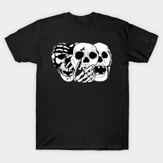 See No, Hear No, Speak No Skulls. -- Choose from our vast selection of Crewneck and V-Neck T-Shirts to match with your favorite design to make the perfect graphic T-Shirt. Pick your favorite: Classic, Boxy, Tri-Blend, V-Neck, or Premium. Customize your color! For men and women. Skull Screen Print Graphic Tee, Graphic Tee T-shirt With Skull Screen Print, White Skull Graphic Print T-shirt, Black T-shirt With Skull Print For Fans, Graphic Tee With Skull Print, White Pre-shrunk Punk T-shirt, Fan Merchandise Tops With Skull Screen Print, White Punk T-shirt With Screen Print, Horror Graphic Print T-shirt For Fans