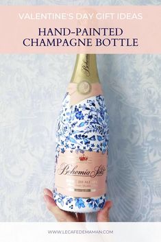 a hand - painted champagne bottle is shown with the words valentine's day gift ideas