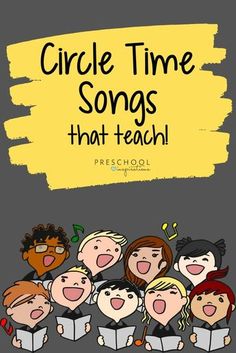 a group of children singing with the words circle time songs that teach in front of them