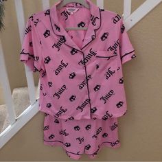 This Set Is New And Comes From A Smoke Free Home Pink Fitted Loungewear Set, Fitted Pink Sleepwear For Sleepover, Juicy Couture Pajamas, Pink Polka Dot Dress, Grey Trench Coat, Short Loungewear, Black Card, Compression Pants, Short Pajama Set