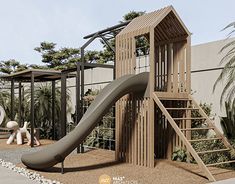 a children's play area with a slide and climbing frame