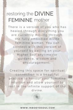 a woman sitting on a swing with the caption, restoring the divine feminine mother