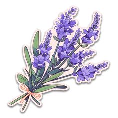 a bouquet of purple flowers with green leaves on a white background, sticker or decal