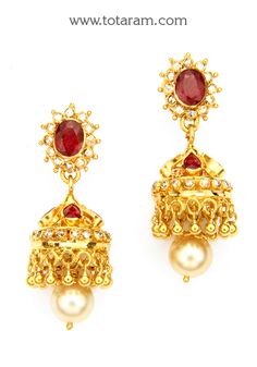 22 Karat Gold Uncut Diamond Jhumkas With Ruby & South Sea Pearls - Dangle Earrings
    - 235-DER971 - in 13.400 Grams for USD $1443.62. 
Made in India by Totaram Jewelers Online this product is in Gold - 22 Karat BIS Hallmark 916 KDM Gold  & is an excellent gift for Adult - Women. Ships fully insured with secured guaranteed delivery for free with your order over $250 from New Jersey USA & comes with 30 days exchange policy. Luxury 22k Gold Jhumkas With Tilla, Buttalu Earrings Gold Nakshi, Chandbali Earrings Totaram Jewelers, Diamond Dangle Earrings Totaram Jewelers, Diamond Jhumkas, Indian Gold Jewellery Design, Indian Diamond Jewellery, 22k Gold Earrings, Indian Gold Jewelry