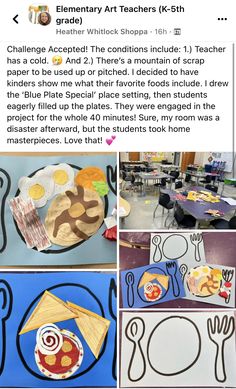 an instagram page for elementary art teachers with pictures of food and crafts on it