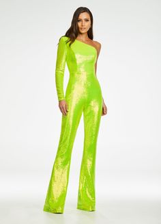 Ashley Lauren 11110 Long Sequin Bell Sleeve Pageant Jumpsuit One Shoulder Bell Bottom We are loving the neon vibes in this sequin one shoulder jumpsuit featuring an industrial zipper back. One Sleeve Exposed Zipper Jumpsuit Sequin Fabric Available Sizes: 2, 4 Available Colors: Ruby Red One-shoulder Fitted Party Jumpsuit, One-shoulder Fitted Jumpsuit For Party, Fitted One-shoulder Jumpsuit For Party, Glamorous One-shoulder Fitted Jumpsuits And Rompers, Glamorous One Shoulder Jumpsuit For Night Out, Glamorous One-shoulder Jumpsuits And Rompers For Party, Glamorous One-shoulder Jumpsuit For Party Season, One Shoulder Jumpsuits For Party, Green Fitted Jumpsuit For Party