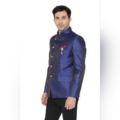 Nwt Banarsi Rayon Cotton | Satin Lining | Dry Clean Only Royal Blue Long Sleeve Suit For Wedding, Long Sleeve Formal Outerwear For Festive Occasions, Formal Long Sleeve Festive Outerwear, Fitted Nehru Jacket For Fall Party, Blue Nehru Jacket With Long Sleeves For Winter, Tailored Blue Nehru Jacket, Tailored Blue Nehru Jacket With Long Sleeves, Blue Long Sleeve Nehru Jacket For Winter, Blue Tailored Long Sleeve Nehru Jacket