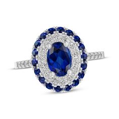 Inspired and delightful, this gorgeous ring gives royal vibes. Sterling silver A bright oval-cut blue lab-created sapphire is the focal point Halos of round-cut white and blue lab-created sapphires frame the center stone More white lab-created sapphires line the slender band Dazzling Blue Oval Diamond Ring, Dazzling Sapphire Oval Diamond Ring, Dazzling Sapphire Diamond Ring, Oval Shape, Oval Blue Cubic Zirconia Sapphire Ring, Dazzling Blue Oval Rings, Classic Royal Blue Oval Jewelry, Dazzling Sapphire Oval Jewelry, Dazzling Oval Sapphire Gemstone Ring, Dazzling Oval Sapphire Jewelry