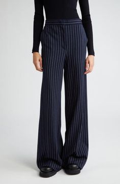 Crisp pinstripes pattern pants crafted in Italy from silk- and cashmere-softened cotton jersey in a roomy wide-leg silhouette. 37" inseam; 28" leg opening; 13" front rise; 17" back rise (size 8) Zip fly with hook-and-bar closure Front slant pockets Stretch lining 87% cotton, 8% cashmere, 5% silk Dry clean Imported Designer Clothing Neutral Pants, Dark Grey Dress Pants, Cotton Linen Trousers, Silk Wide Leg Pants, Pants Outfit Fall, Wide Leg Dress Pants, Casual Work Outfit, Cotton Trousers, Wide Leg Linen Pants