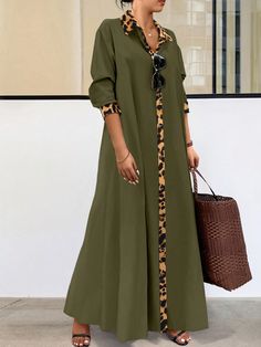 Plus Size Autumn Casual Leopard Print Patchwork Long Shirt Dress Army Green Casual,Modest  Long Sleeve Woven Fabric Colorblock,Leopard Print,Plain,Striped Shirt Non-Stretch  Women Plus Clothing, size features are:Bust: ,Length: ,Sleeve Length: Dresses Plain, Plus Size Autumn, Casual Tunic Dress, Loose Shirt Dress, Casual Tunics, Autumn Casual, Long Shirt Dress, Cosplay Dress, Long Sleeve Knit Tops