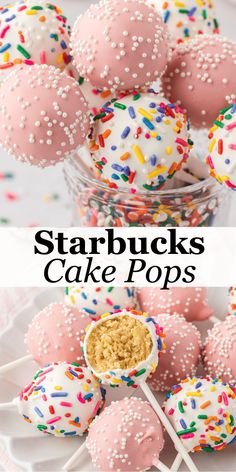 pink cake pops with sprinkles on them and a bowl full of one