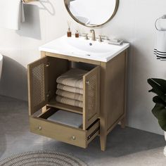 a bathroom with a sink, mirror and towel rack