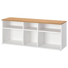 a white bookcase with wooden top and four cubbys on the bottom shelf