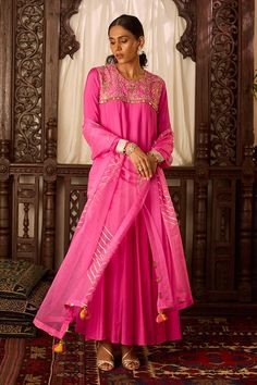 Hot pink anarkali featuring thread, zari embroidery on the front yoke highlighted with metallic coin and tassel detailing. Paired with a solid pant. - Aza Fashions Hot Pink Anarkali, Pink Anarkali, Zari Embroidery, Pants Pattern, Pant Set, Embroidered Silk, Pink Cotton, Set For Women, Anarkali