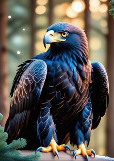 an eagle sitting on top of a tree branch in front of a forest filled with pine trees