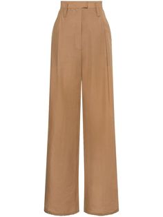 beige cotton blend pleat detailing high waist belt loops concealed front fastening two side slit pockets wide leg Versace Outfit, Yoko London, Lorenzo Serafini, High End Fashion, Pants Outfit, Wide Leg Trousers, Waist Belt, Straight Leg Pants, Bottoms Pants