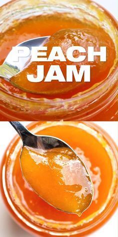 a spoon full of peach jam with the words peach jam on top and below it