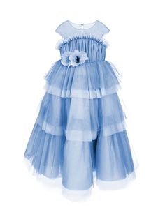 Flower-Embellished Tulle Gown | Marchesa Blue Tulle Ball Gown For Prom, Blue Tulle Skirt Gown For Prom, Spring Evening Organza Ball Gown, Blue Tulle Skirt Prom Gown, Spring Evening Ball Gown In Organza, Blue Prom Gown With Tulle Skirt, Blue Tulle Skirt Dress For Debutante Ball, Light Blue Tulle Prom Gown, Blue Tulle Evening Dress With Tulle Skirt