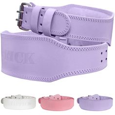 purple leather belt with white stitching on the side and two different color options for each belt