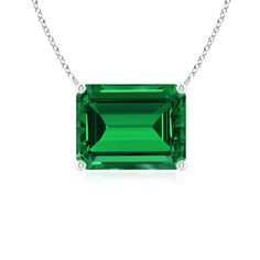 Featuring a contemporary design, this 18k white gold east-west pendant looks captivating. The emerald-cut lab-grown emerald is horizontally mounted in a prong setting. Emerald Pendant, Solitaire Pendant, East West, Emerald Cut, Lab Grown, Emerald, Lab, White Gold, Pendant