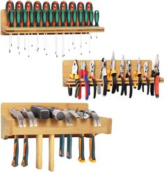 there are two shelves with different tools on each shelf and one is holding several knives