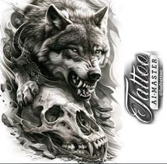 an image of a wolf and skull tattoo design