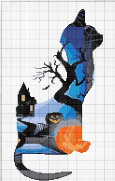 a cross stitch pattern with an image of a cat and a pumpkin on the ground