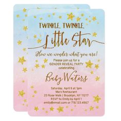 two pink and blue baby shower cards with gold stars on the front, one is for twinkle