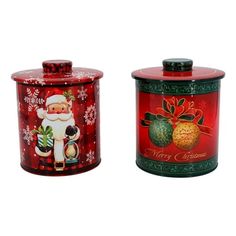 two canisters decorated with santa claus and pineapples on red tins