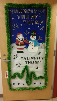 a door decorated with christmas decorations and writing on the front, featuring a snowman and santa clause