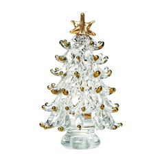 a glass christmas tree with gold accents