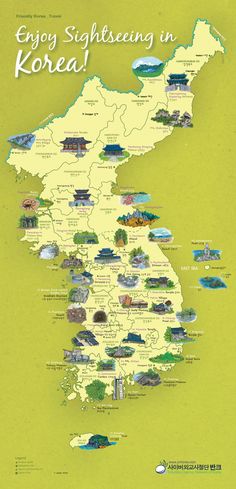 an illustrated map of korea with the country's capital and major cities on it