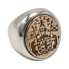 Crest Signet Ring Sterling Silver Bronze Unisex J Dauphin Inspired by Queen Mary of Scots ring. Gold signet-ring; engraved; shoulders ornamented with flowers and leaves. Oval bezel set with silver intaglio depicting achievement of Mary Queen of Scots: shield of Scotland surrounded by collar of thistle, supported by two unicorns; crest: crowned lion sejant affronté holding sword; dexter: banner with arms of Scotland; sinister: flag with three bars over saltire. Inscribed with a monogram surmounted by crown at back of bezel. Hand made in Los Angeles Custom make your own size 3 Weeks to be completed Our design are made to be used for a life time, and passed on for generations. We only make things that last, our long term approach guides us in all our decisions. Our products are made to empowe Queen Mary Of Scots, Mary Of Scots, Two Unicorns, Wax Seal Ring, Emerald Engagement Ring Set, Gold Diamond Wedding Band, Diamond Fashion Rings, Vintage Style Rings, Silver Signet Ring