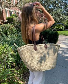 Handwoven straw tote with long leather handles. a collaboration between tuck shop co. and original marrakech.    height: 39cm length: 55cm Womens Designer Bags, Straw Tote, Leather Handles, Womens Tote, Marrakech, Leather Handle, What To Wear, Bags Designer, Satchel