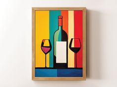 a painting with wine glasses and a bottle on the wall in front of a white background