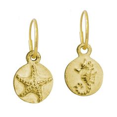 With this 18k gold mismatched earring pair, you'll carry a little piece of our Southern California beaches with you wherever you go. Starfish teach us how to maneuver in any situation. Agile, gentle and extremely strong. Many ancient cultures believed Starfish were stars that fell from the sky into the ocean. A celestial symbol representing deep and divine love. A relatively calm, and mild-mannered creature, Seahorses are seemingly content to roam the seas. Happy with the journey and never in a Everyday Yellow Gold Earrings With Star Charm, Yellow Gold Starfish Earrings For Gift, Everyday Brass Earrings With Charms, Starfish Charm Drop Earrings As Gift, Starfish Charm Drop Earrings For Gift, Yellow Gold Starfish Earrings With Starfish Charm, Yellow Gold Ocean-inspired Earrings For Gift, Ocean-inspired Yellow Gold Earrings As Gift, Gold Sterling Silver Jewelry With Starfish Charm