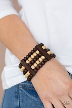 Held in place by rectangular wooden frames, strands of brown and white wooden beads are threaded along stretchy bands around the wrist for a colorfully tropical look. Sold as one individual bracelet. P9SE-BNXX-173XX Wood Beads Jewelry, Paparazzi Jewelry Images, Orange Order, Paparazzi Accessories Jewelry, Rose Gold Beads, Brown Bracelet, Brown Jewelry, Wooden Bracelet, Wood Bracelet