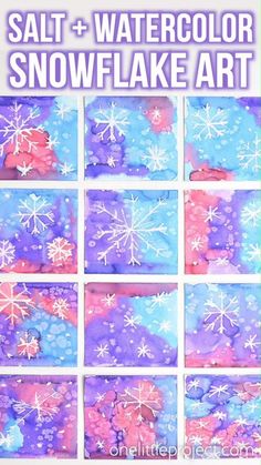 snowflake art project for kids with text overlay that reads salt and watercolor snowflake art