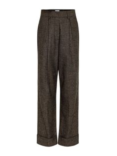 The Stathe Torote Pants are designed with a masculine fit in mind. They are pleated, slightly tapered and cuffed at the hem. The Torote Pants are made of Japanese lightweight wool viscose with a speckled tweed texture. They feautre a front hook and zip closure as well as functional side pockets. Viscose 43%, Wool 43%, Polyester 10%, Polyamide 2%, Acrylic 1%, Elastine 1% Fabric Origin: Japan Dry Clean Only Wool Pants Women, 90s Minimalism, Tweed Texture, Tweed Pants, Cap Fashion, Textured Dress, Wool Pants, City Prints, Zara Home