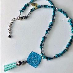 Brand New, One Of A Kind Necklace Made By Me: Turquoise Gemstone With Leather Tassel Pendant. 15” With 2” Extension And Pendant Is 3” It Will Come In Fancy Drawstring Pouch. Boutique Gift Idea. Blue Tassel Necklace For Gift, Adjustable Blue Bohemian Tassel Necklace, Turquoise Beaded Necklaces With Tassels For Gift, Turquoise Beaded Tassel Necklace Gift, Adjustable Turquoise Tassel Necklace For Gift, Blue Tassel Necklace, Elegant Blue Tassel Necklace As Gift, Elegant Blue Tassel Necklace Gift, Adjustable Turquoise Tassel Necklaces