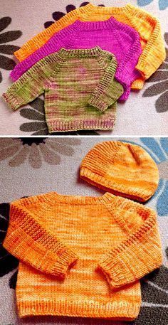 knitted sweaters and hats are shown in three different colors