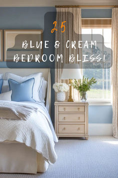 a bedroom with blue walls and white bedding is featured in the article, blues cream bedroom bliss