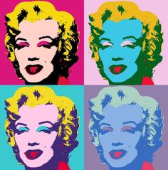 four pop art images of marilyn monroe in different colors and sizes, each with their tongue out