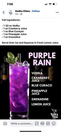 the purple rain cocktail is served in a tall glass