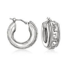 Ross-Simons - Italian Sterling Silver Greek Key Hoop Earrings. 7/8". Go with the flow and look fabulous doing it! Our sterling silver hoop earrings from Italy feature classic Greek key patterns that represent a profound concept of infinity. Hanging length is 7/8". Snap-bar, sterling silver Greek key hoop earrings. Greek Key Pattern, Go With The Flow, Fine Jewelery, Greek Key, Sterling Silver Hoop Earrings, Sterling Silver Hoops, Jewelry Earrings Hoops, Silver Hoops, Silver Hoop Earrings