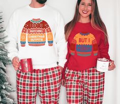 "These Funny Couples Christmas Shirts will be perfect to wear during the Christmas Season! It would also make a great Christmas gift for your friends or family! Whether you need couples christmas pajamas or matching christmas shirta]s family to celebrate Christmas, New Years, or play Secret Santa together you will love the look of this adorable design. In order to get a set: Choose the right size > Choose the color (White for \"I don't do\", Red for \"But I do\") > Add to Cart > Repeat for the s Relaxed Fit Long Sleeve Christmas Sleepwear, Relaxed Fit Long Sleeve Sleepwear For Christmas, Winter Crew Neck Tops For Pajama Party, Crew Neck Top For Pajama Party In Winter, Couples Christmas Pajamas, Pajamas Couple, Couples Christmas Shirts, Couples Christmas, Matching Christmas Shirts