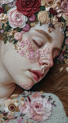 a painting of a woman with flowers on her face